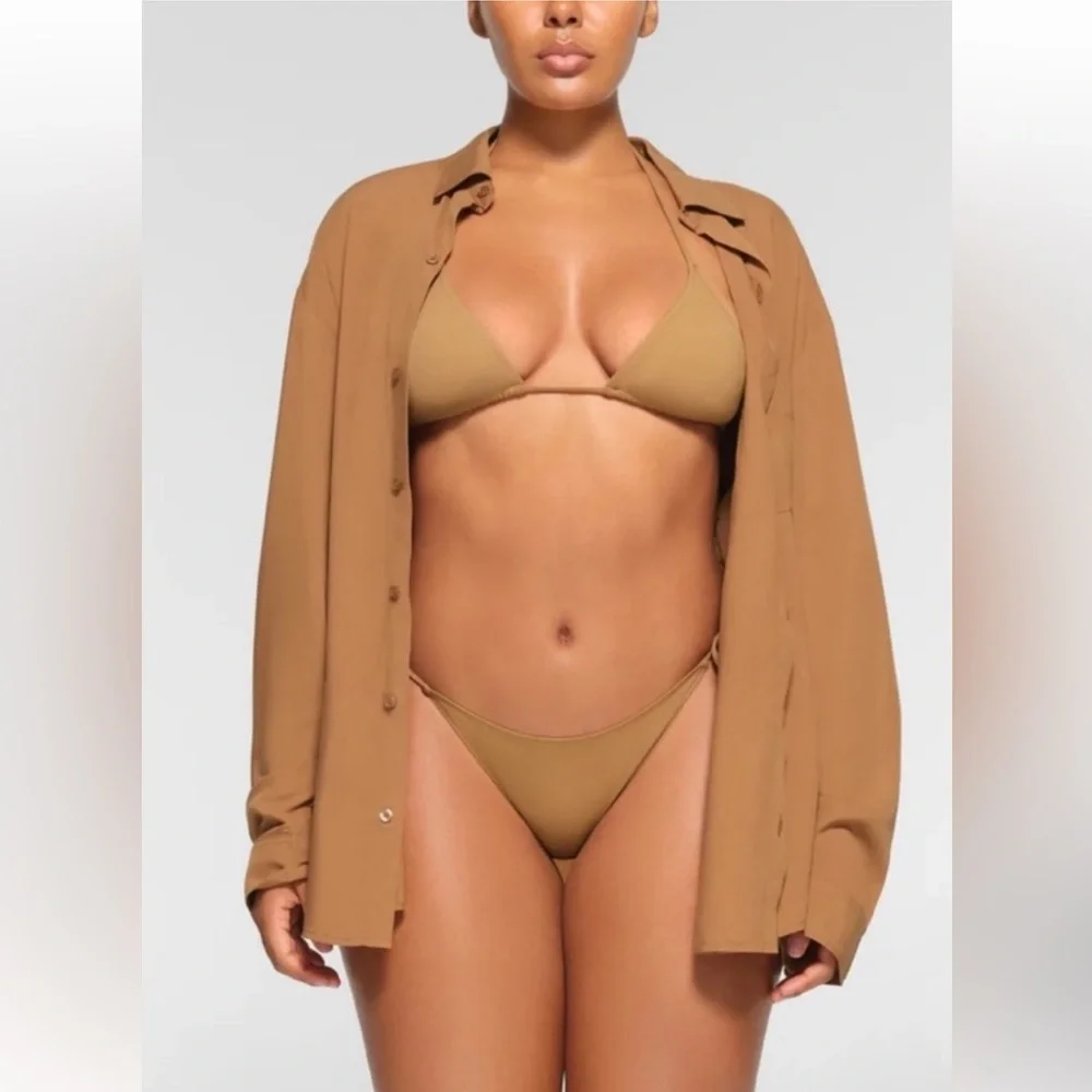 🤎SKIMS SWIM COVER UP LONG SLEEVE BUTTON UP SHIRT ALMOND 2X